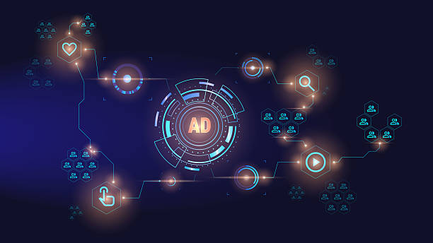 istock Dark-themed network advertising network with central AD hub and connections to various user groups. Online advertising strategies, social media campaigns 2212394631