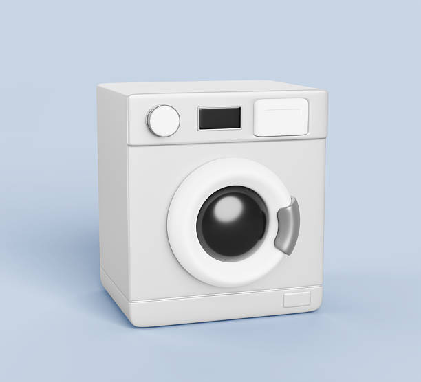 istock 3d washing machine or dryer render. Realistic white automatic washer for wash or dry clothes. Modern household appliances for home or public laundry room isolated on blue background 2212396542