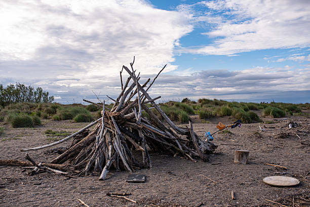 A driftwood teepee structure built on a sandy beach near the sea, with gentle waves, a rock barrier, and a clear blue sky in the background.