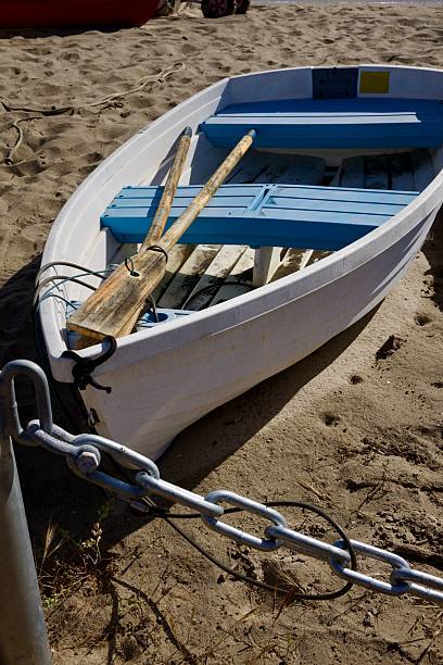 istock White row boat on the beach 2212398743