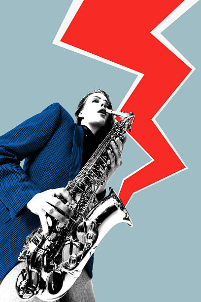 istock Woman in bold blue jacket playing saxophone with red lightning behind in sharp pot art style. Contemporary art collage. 2212400460