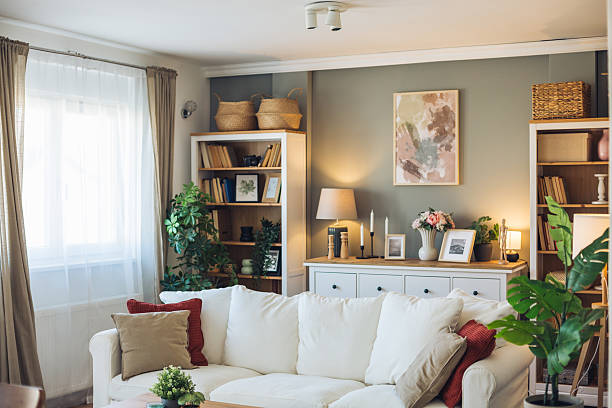 istock Modern living room interior design with white sofa and bookshelves 2212401891