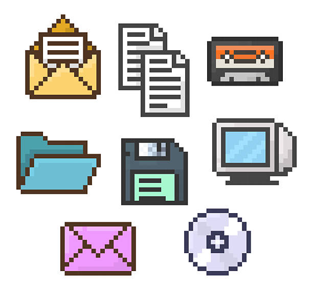 retro pixel office ikony set - pixel art stock ilustrace