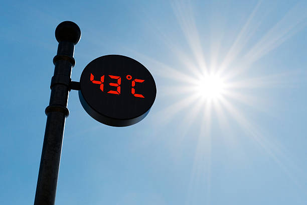 Street digital thermometer displaying a temperature of 43 degrees Celsius with blue sunny background. . High quality photo