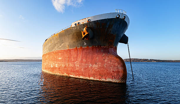 A large crude oil tanker ship is anchored in a basin on the Atlantic coast.