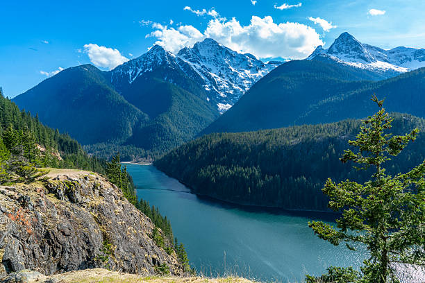 A view of mountains and water along the North Cascades Highway in Washington State.