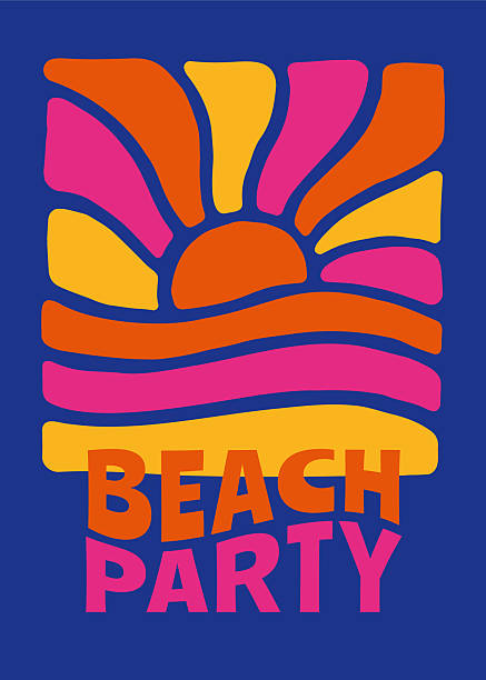 Retro sunset above the sea or ocean with sun and water silhouette. Vector illustration. Design for t-shirt, poster, invitation, advertising, banners, leaflets and flyers. Stock illustration