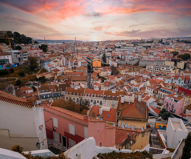 Lisbon Sunset City Panorama, Famous Rooftops Cityscape Sunset, Portugal, Europe