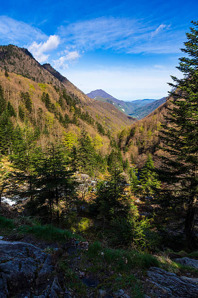 View over the Ars Valley towards Aulus-les-Bains from the Ars Waterfall, in the Pyrenees region of Haut-Couserans, Ariège