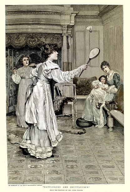 Young woman playing, Battledore and Shuttlecock, considered the precursor to badminton, by Laura Theresa Alma-Tadema, Victorian art, Vintage illustration 1890s, 19th Century
