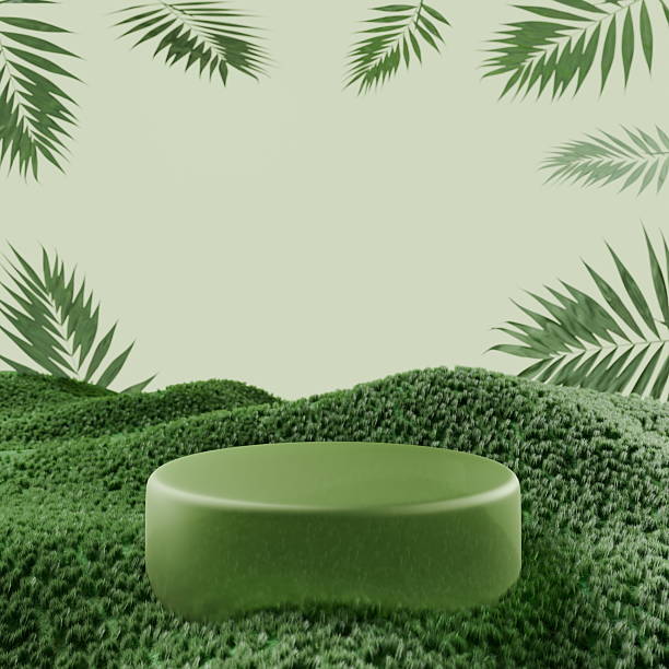 istock round green soap is placed on a smooth surface against a backdrop of soft green textures and tropical foliage. setting exudes freshness and tranquility, emphasizing sustainability. 3d render 2212427581