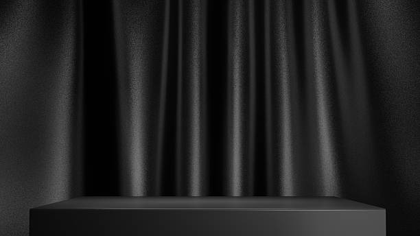 istock Velvet curtains cascade in folds, creating depth and contrast against a solid, understated surface. 3d render 2212427583