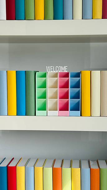 istock Bookshelves packed with colorful dummy books 2212435847