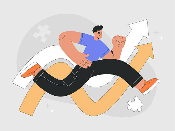 istock Man running to his goal on big arrow, professional and business development 2212435848