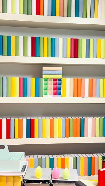 istock Bookshelves packed with colorful dummy books 2212436316