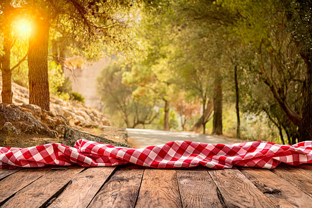 Backgrounds: wooden picnic table with defocused forest trees at background