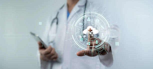 istock Futuristic cloud interface is accessed by a doctor to illustrate secure health data transfer, cloud-based medical records and modern healthcare technology integration in a smart system 2212469082