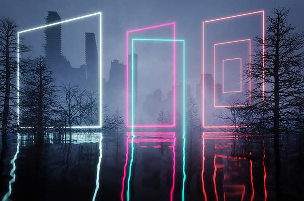 istock Neon Geometric Portals Reflected in Flooded Forest 2212470505