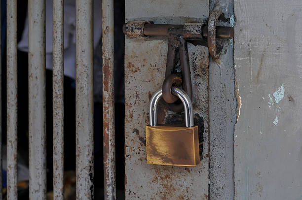istock gold padlock on the prison door 2212490032