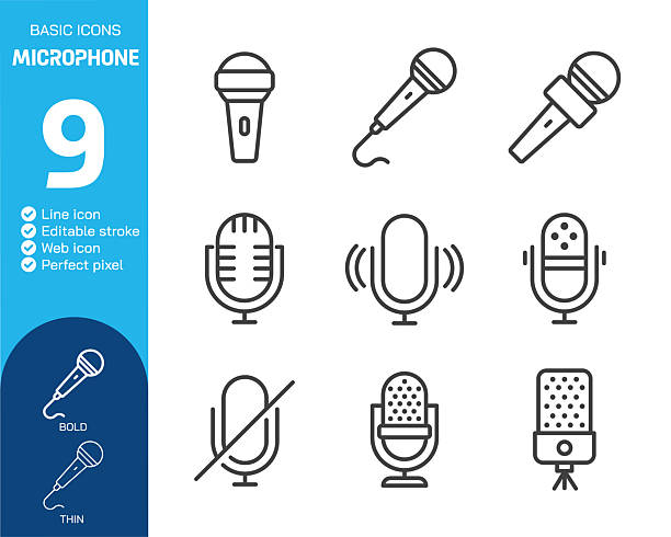 ilustrações de stock, clip art, desenhos animados e ícones de microphone thin line icons collection. editable stroke. vector illustration. basic icon for website design, logo, app, template, ui, infographic etc - microfone