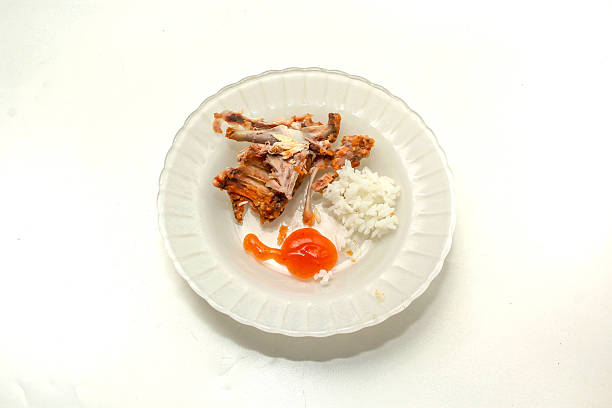 close up of plate and leftover chicken bones and rice