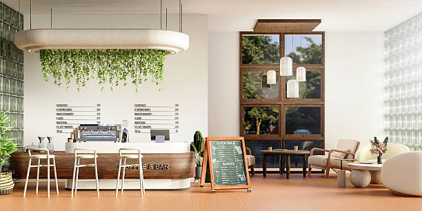 istock Stylish coffee and bar interior with lush greenery, 3D render illustration 2212500394