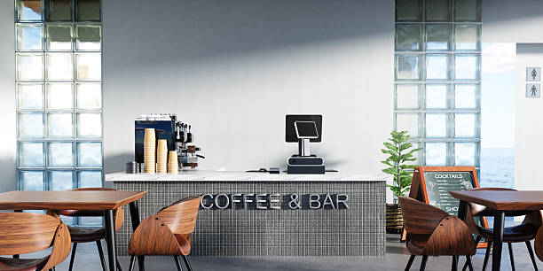 istock Welcoming coffee bar interior with comfortable seating arrangements, 3D render illustration 2212500411