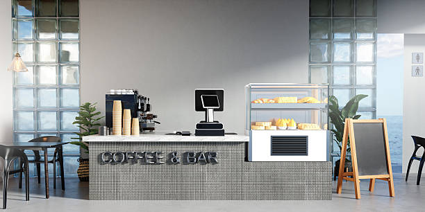 istock Elegant Coffee Shop Counter with Bakery Display, 3D render illustration 2212500513