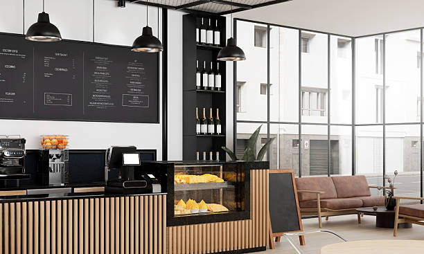 istock Modern coffee shop interior featuring sleek design, 3D render illustration 2212500544