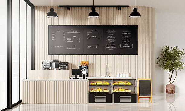 istock Contemporary Coffee Shop Counter with Clear Menu Display, 3D Render Illustration 2212500568