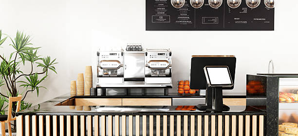 istock Coffee Shop Counter with Espresso Machines and Display Case, 3D render illustration 2212500646