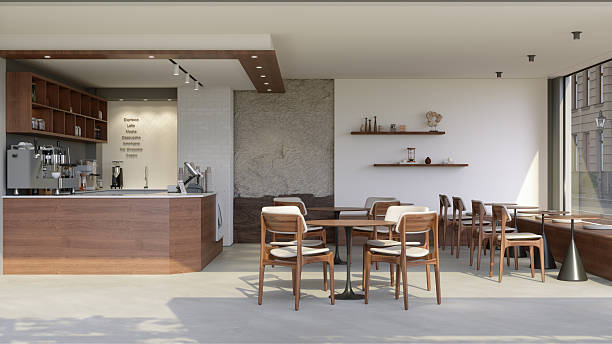 Empty Coffee Shop Interior With Wooden Tables, Chairs And Coffee Maker