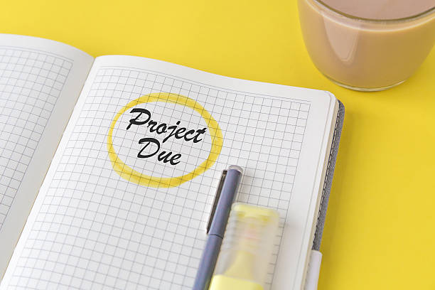 istock Open squared notebook with handwritten words project due circled in yellow marker, stylish blue pen, highlighter and coffee cup on vivid yellow background concept business and education 2212509805