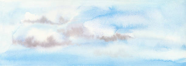 istock Pastel blue sky with clouds watercolor illustration. Abstract artistic drawing for summer dawn weather and travel designs. Hand drawn background of nature 2212512951