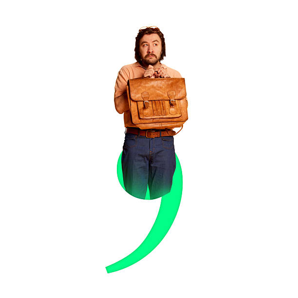 Conceptual design collage. Nervous man with leather bag inside comma shape representing hesitation and emotional tension.