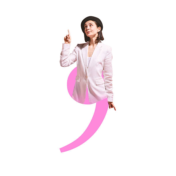 Conceptual art collage. Woman inside pink comma pointing up with curiosity, suggesting feedback moment or idea.