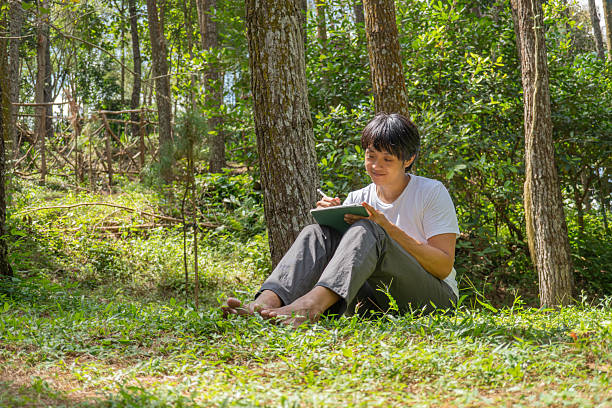 istock A young asian man wearing a white t-shirt and gray pants is drawing using a digital tablet while sitting on the grass in a lush pine forest in the morning. Remote work concept 2212517532