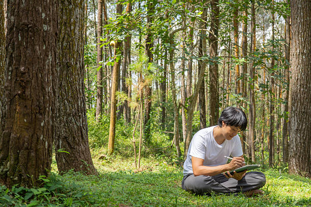 istock A young asian man wearing a white t-shirt and gray pants is drawing using a digital tablet while sitting on the grass in a lush pine forest in the morning. Remote work concept 2212517559