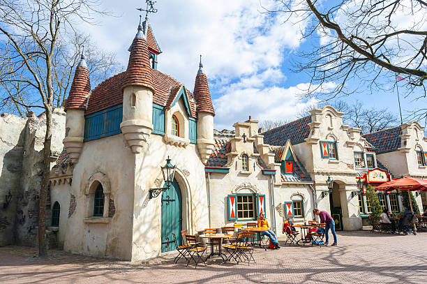 Kaatsheuvel, Netherlands - March 31, 2025: Nostalgic and romantic looking buildings in the style of Anton Pieck in fairytale and amusement park Efteling.