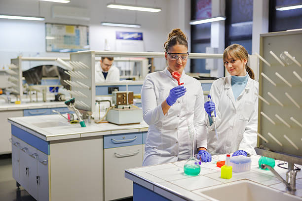 istock Female students practicing in lab with chemicals, wearing lab coats, protective eyewear and gloves 2212518122
