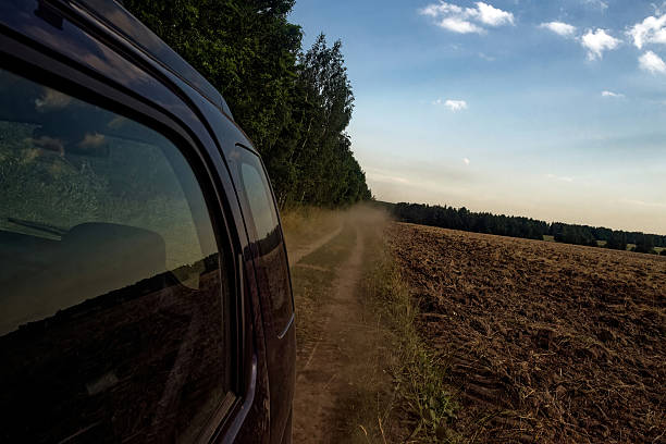 Naryn, Kyrgyzstan - May 12, 2024: The rear view of a pickup truck driving on a dusty rural road, with mountains in the distance under a cloudy sky
