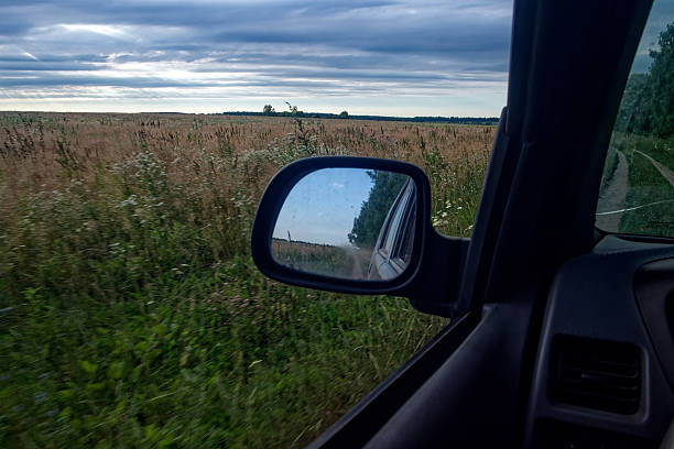 View from car window of small forest island on green field, blurred foreground due to motion. Sweden.