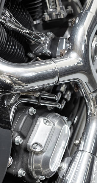 istock Close-up view of a polished motorcycle engine with chrome detailing 2212520894