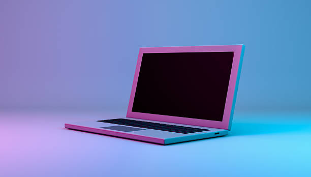 istock Computer laptop mock up with neon blue and pink color 2212521110