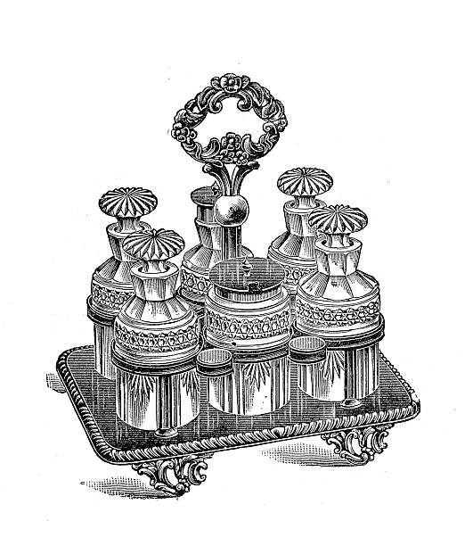 Victorian silver cruet, condiments set, richly mounted, Vintage illustration 1890s, 19th Century