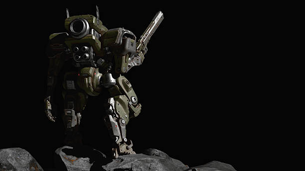 3d render rear view heavy sci-fi mech soldier guards a mining operation, holds a powerful weapon in one hand that can destroy any enemy at long distance. Battle for mineral resources, dark background.