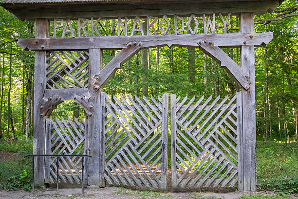 istock A wooden gate with a sign that says Parka Harbory 2212523356