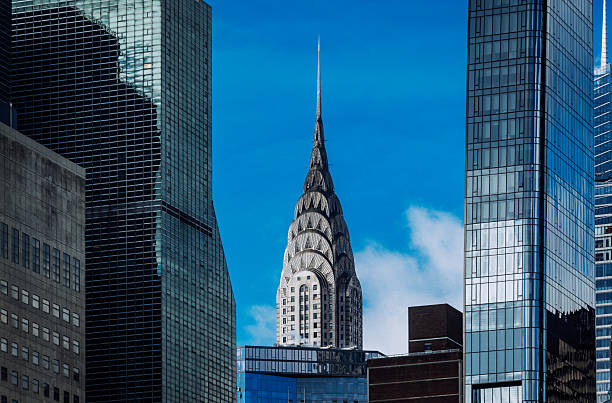 The Chrysler Building stands prominently among modern skyscrapers in Manhattan, New York City. A striking architectural landmark surrounded by a vibrant urban environment under a brilliant blue sky.