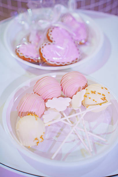 Colorful pastel treats are beautifully displayed on a white plate. The assortment features pink cake pops and heart-shaped cookies, perfect for a joyful gathering or party.