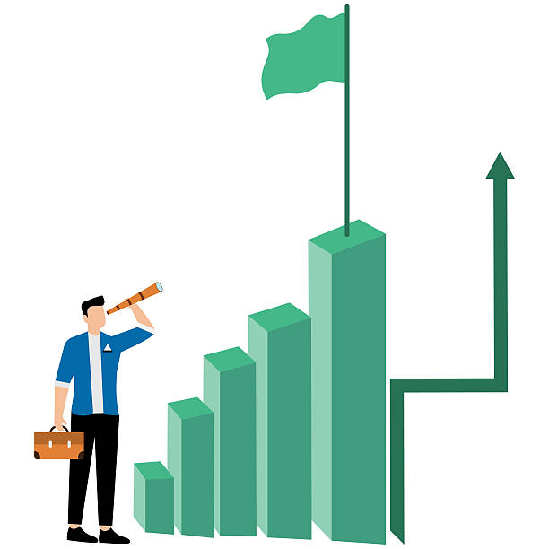 istock Businessman standing in front of the growth chart and flag-waving on the highest column of the chart 2212534695